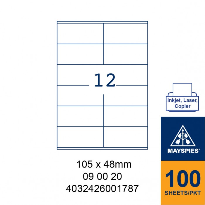 MAYSPIES 09 00 20 LABEL FOR INKJET / LASER / COPIER 100 SHEETS/PKT WHITE  105X48MM